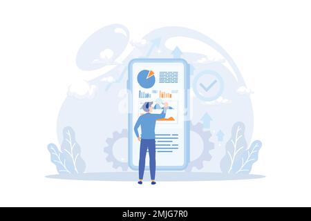 Business illustration. Characters planning, prototyping and testing startup ideas and analyzing marketing data. Business activities concept. Flat vect Stock Vector