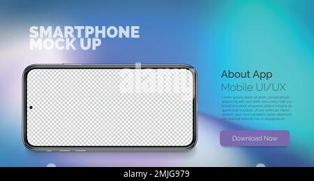 Cellphone horizontal frame mockup with blank display on abstract background. Vector smart phone concept on blue background. Realistic smartphone template. Stock Vector