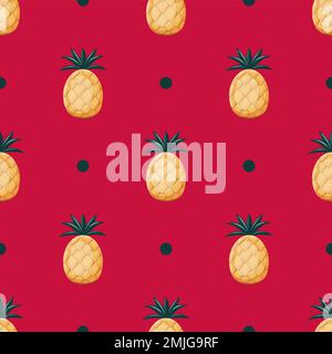 pineapple seamless pattern. ripe pineapples on a crimson background. Vector endless ornament. Exotic fruits. Magenta color 2023. Art Nouveau Stock Vector