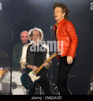 Mick Jagger, left, and Keith Richards of The Rolling Stones perform in  concert during their No Filter Tour at Lincoln Financial Field on  Tuesday, July 23, 2019, in Philadelphia. (Photo by Owen