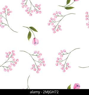 Seamless vector pattern with watercolor flowers, botanical illustration of magenta color. Stock Vector