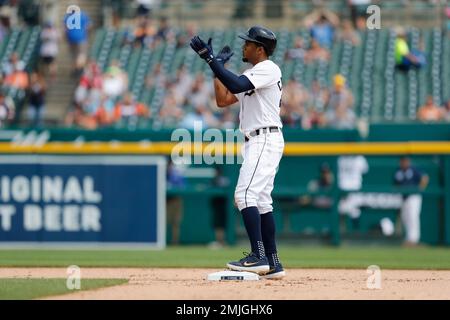 Detroit Tigers' Jeimer Candelario plays during a baseball game, Tuesday,  April 12, 2022, in Detroit. (AP Photo/Carlos Osorio Stock Photo - Alamy