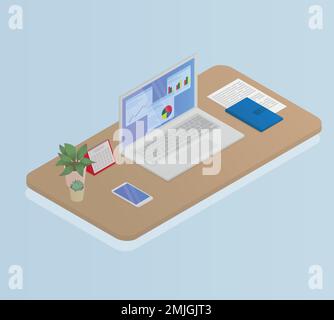 Workplace. Laptop, phone, notebook, calendar and potted flowers on the desktop. Work from home or office. Isometric vector illustration. Stock Vector