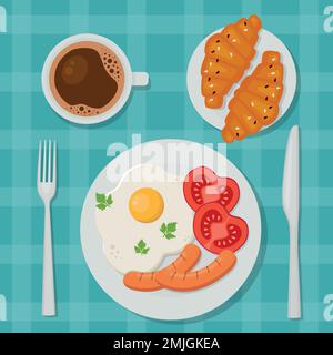 Delicious breakfast: fried eggs, coffee and croissants. View from above. Vector illustration in flat cartoon style. Stock Vector