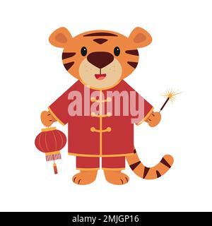 The symbol of the Chinese new year is сute tiger cub in red costume with chinese lantern and sparkler. Cartoon character in flat style. Vector. Stock Vector