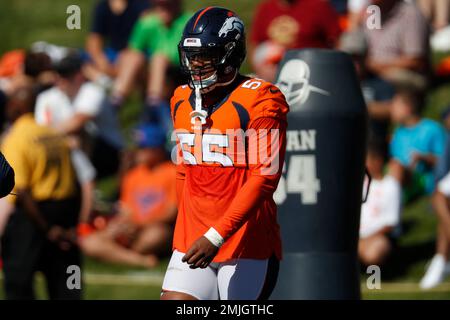 Denver Broncos outside linebacker Bradley Chubb raises his arms to the  crowd during an NFL football game between the Denver Broncos and the  Chicago Bears, Sunday, Sept. 15, 2019, in Denver. (AP