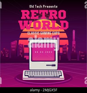 Retro Gaming Social media post template with vintage PC. Classic Games Expo invitation card design. Stock vector poster graphics. Stock Vector