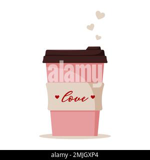 Pink coffee cup. Disposable paper or plastic cup with Valentine's Day design. Vector illustration in flat cartoon style. Stock Vector