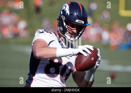 Denver Broncos tight end Jake Butt (80) takes part in drills during the  opening day of the team's NFL football training camp Thursday, July 18,  2019, in Englewood, Colo. (AP Photo/David Zalubowski