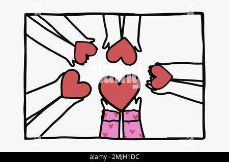 Charity doodle vector hands sharing hearts Stock Vector