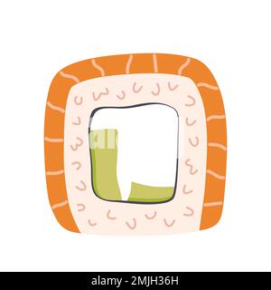 Philadelphia roll. Sushi roll with cream cheese, rice, avocado and salmon. Traditional Japanese food. Maki. Isolated vector illustration.. Stock Vector