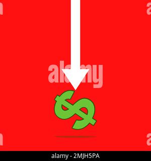 Dollar crash symbol with red arrow on white background. Global Economic Downturn. Recession. Market Crash. Stock Vector