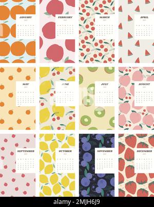 Calendar 2021 printable vector template with cute fruit background set Stock Vector