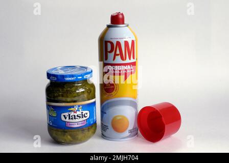 https://l450v.alamy.com/450v/2mjh704/in-this-tuesday-june-25-2019-photo-conagra-brands-packaged-food-items-vlasic-relish-left-and-pam-cooking-spray-right-sit-together-in-walpole-mass-ap-photosteven-senne-2mjh704.jpg