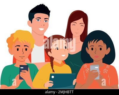 A happy family with many children use phones and tablets Stock Vector