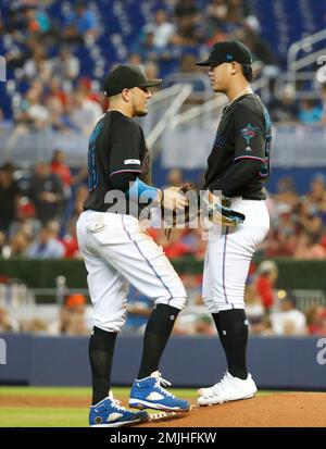 June 4, 2019: Miami Marlins left fielder Garrett Cooper #26 is  congratulated after hitting a home run in the 3rd inning of the Major  League Baseball game between the Milwaukee Brewers and