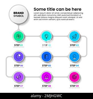 Infographic template with icons and 9 options or steps. Timeline. Can be used for workflow layout, diagram, banner, webdesign. Vector illustration Stock Vector