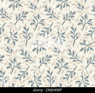 Seamless Floral pattern in hand-drawn style. Blue and beige leaves on a light background. Stock Vector