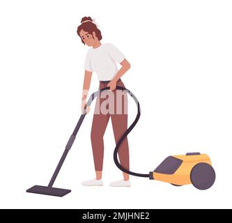 Young woman removing dirt with vacuum cleaner semi flat color vector character Stock Vector