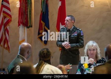 Lt. Col. Matthew Atkins, 10th Mountain Division Chaplain, speaks during a Spiritual Readiness Breakfast held on August 30, 2022, for the Soldiers of the 10th Mountain Division and Gold Star Families. The event was held to boost the spiritual readiness and moral of the division during Mountain Fest 2022. Stock Photo