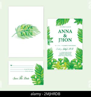 floral wedding invitation set, watercolor leaf.watercolor vector illustration Stock Vector