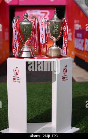 Sydney, Australia. 28th Jan 2023. 28th January 2023; Allianz Stadium, Sydney, NSW, Australia: HSBC Sydney Rugby Sevens ; Men's and Women's Sevens Trophies on display Credit: Action Plus Sports Images/Alamy Live News Stock Photo