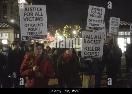 Massachusetts, USA. 28th Jan, 2023. Members of the Party for Socialism hold a small rally with about 100 supporters at Park Street Station near Boston Common to decry police violence in Memphis, TN, where 29 year old Tyre Nichols was pulled from his car and beaten by 5 police officers on January 7, 2023. He died three days later. (Credit Image: © Kenneth Martin/ZUMA Press Wire) EDITORIAL USAGE ONLY! Not for Commercial USAGE! Stock Photo