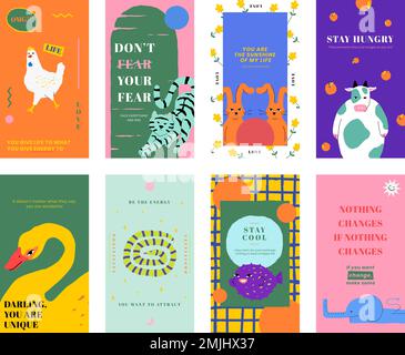 Motivational quote template vector for social media story with cute animal illustration set Stock Vector