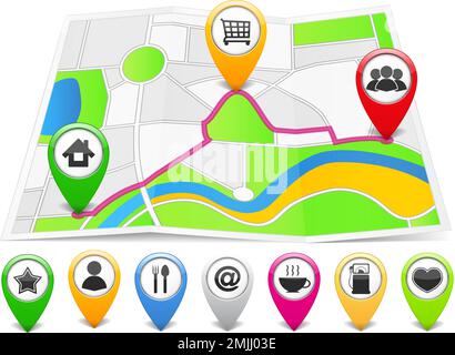 Map markers with different icons on the abstract map, vector eps10 illustration Stock Vector