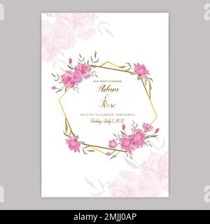 pink rose, orange burnt astilbe, beige fern autumn vector design frame. Golden glitter triangle geometric background.Stylish wedding save the date tem Stock Vector
