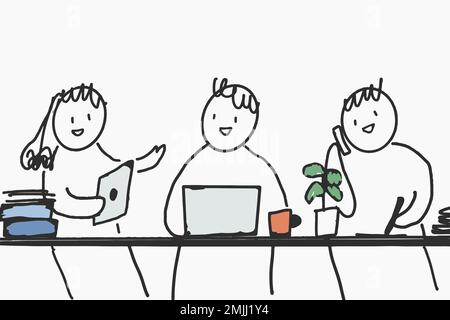 People doodle vector happy workers in green office characters Stock Vector