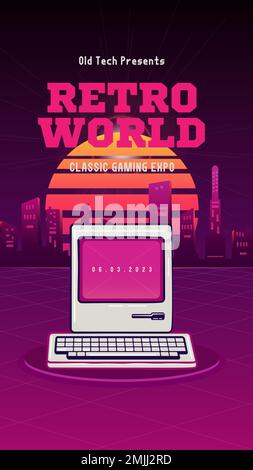 Retro Gaming Social Media stories template with vintage PC. Vlassic Games Expo invitation card design. Stock vector poster graphics. Stock Vector