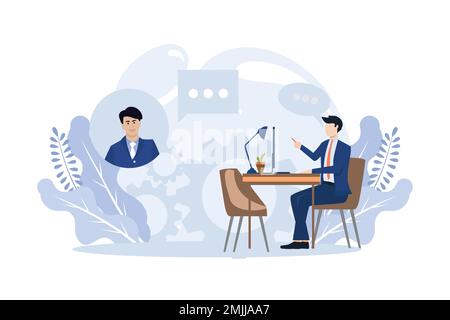 Hiring illustration. Hr manager searching potential job candidates. Characters writing CV and applying for work position. Job recruitment process conc Stock Vector