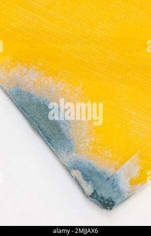 Cheddar cheese partial slice with mold growing on the corner. Flat lay concept, closeup macro with copy space. Stock Photo