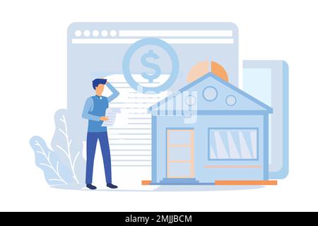 Financial management illustration. Characters paying credit, mortgage, taxes and household invoice bills. Personal finances, loans and debt concept. F Stock Vector