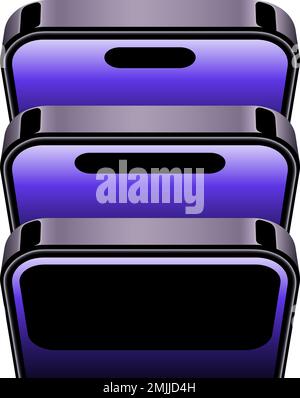 Three Smartphones 14 Mockup. Top View. Realistic 3d Purple Design on White Background. Vector illustration Stock Vector