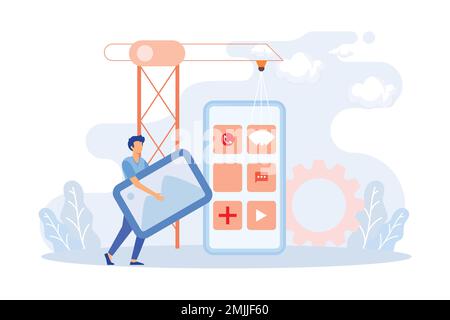 Mobile design and development illustration. Developers prototyping, programming user interface and testing mobile app. UI design and user experience c Stock Vector