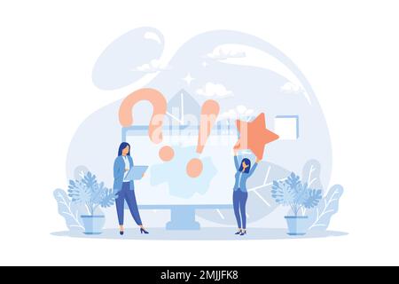 Frequency asked questions and helpdesk illustration. Characters contacting with helpdesk service, asking questions and receiving answers. Customer sup Stock Vector