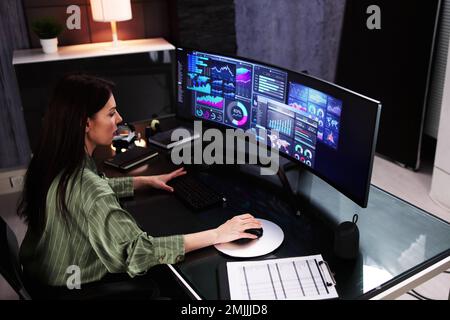 Business Woman Analyst Using KPI Data On Computer Stock Photo