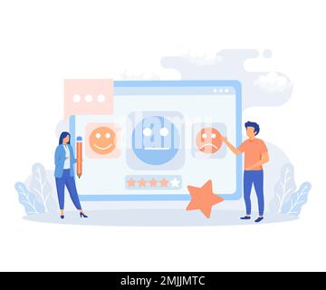 Review illustration set. People сharacters giving five star feedback. Clients choosing satisfaction rating. Customer service and user experience conce Stock Vector