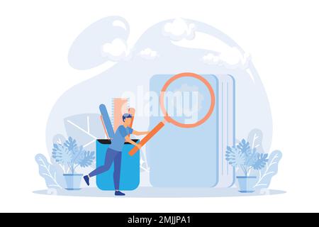 User manual illustration. People characters reading and writing privacy policy and terms and conditions for guide instruction or manual book. Flat vec Stock Vector