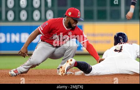 George Springer of the Houston Astros steals second base in the