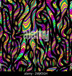Motley psychedelic flowing abstract trippy seamless pattern. Rainbow hippie style with many intricate wavy ornaments, bright neon multicolor color tex Stock Vector