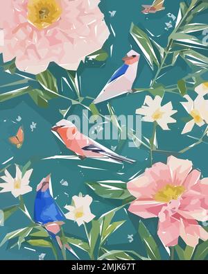 Graphic floral background with birds on the green Stock Vector Image ...