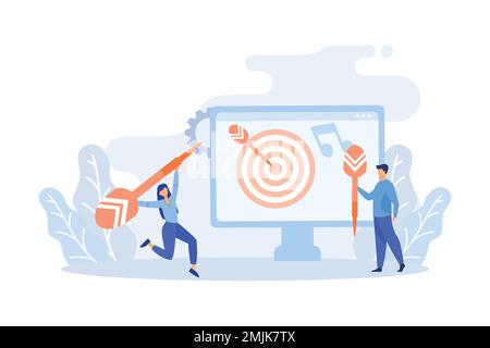 Digital marketing illustration. Characters promoting product with big loudspeaker, targeting audience, analyzing marketing data on smart phone. Market Stock Vector