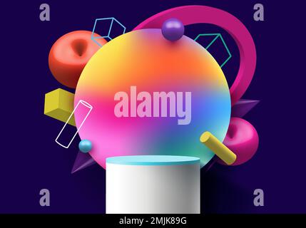 3D realistic white and blue cylinder podium platform stand with colorful circle backdrop and geometric elements on dark blue background. Product mocku Stock Vector