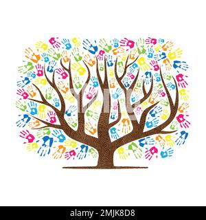 Abstract hand prints tree silhouettes square Stock Vector