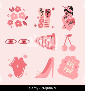 Girl power sticker vector set in pink monochrome Stock Vector