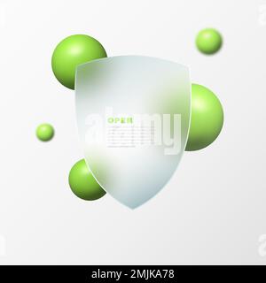 Protective glass morphism shield vector icon with blur, transparent glass and green spheres. For web and ui design, promo mobile applications Stock Vector
