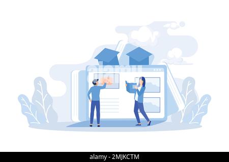 Self development and management illustration. Characters self-learning with books, online courses or internet tutorials. Education and personal growth Stock Vector